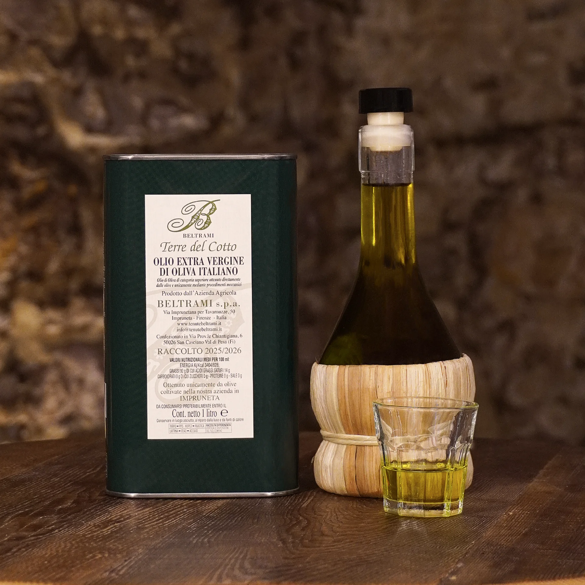 Olio extravergine di oliva toscano Terre del Cotto Tenute Beltrami 1 litro in lattina e bottiglia